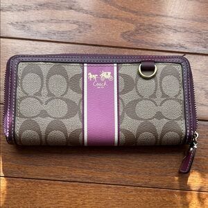 Coach Signature Brown and Purple Zip Wallet